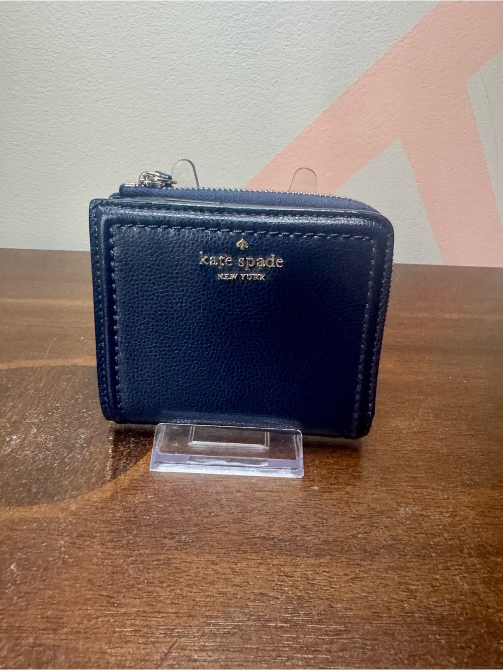 kate spade Navy Leather Zip Card Holder with Gold Logo
